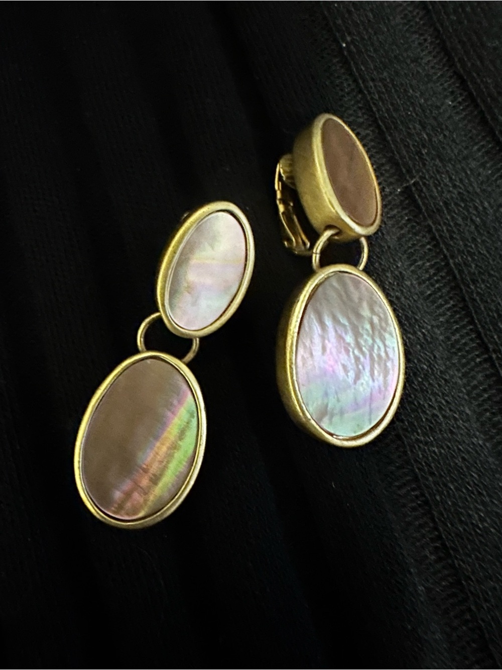 Vintage Clip on Gold-Tone Mother of Pearl Drop Earrings Iridescent